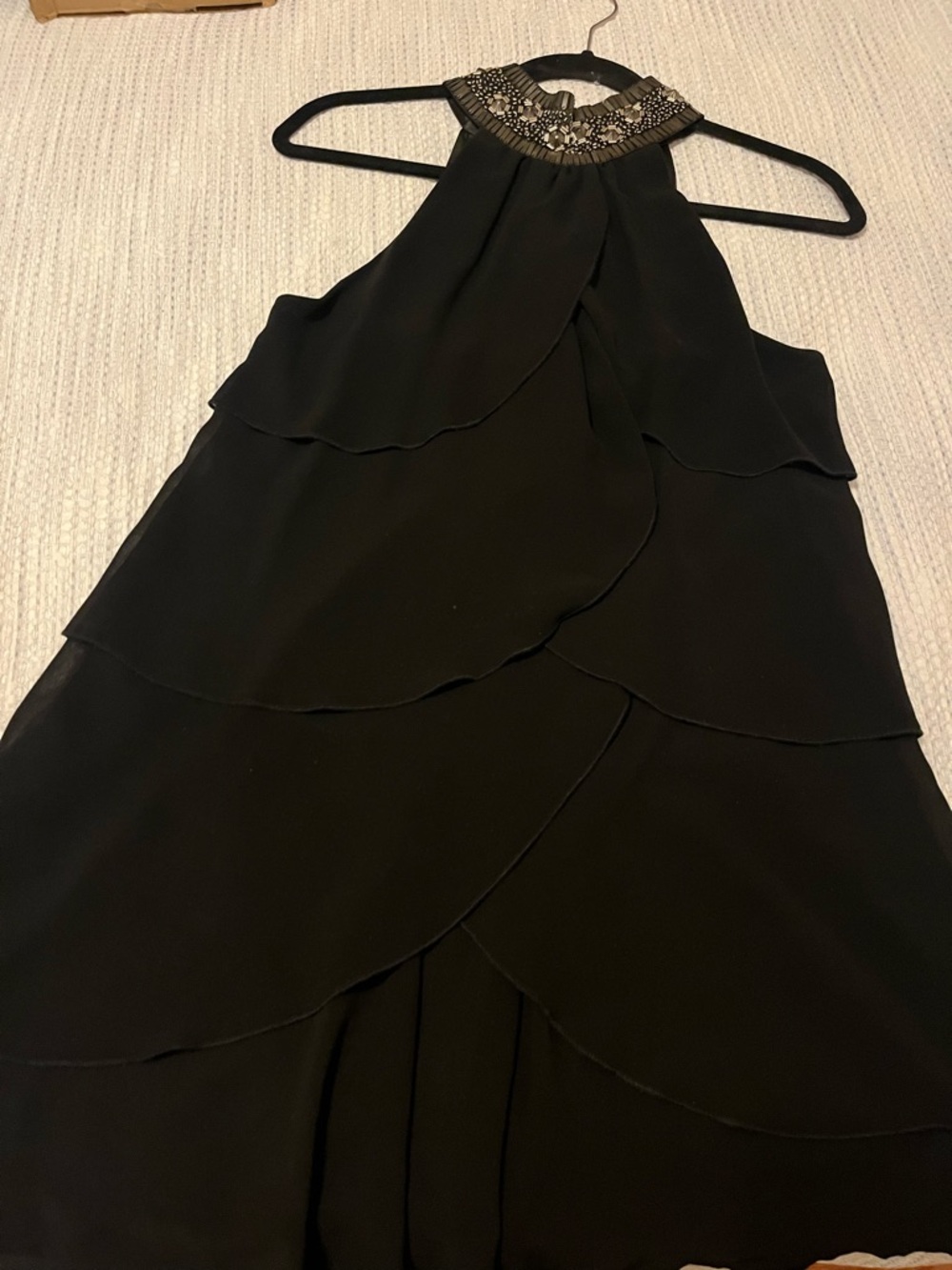 Black Tiered Halter Dress with Beaded Neckline
